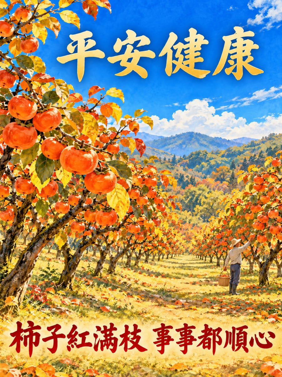 柿子紅滿枝。圖中文字：平安健康，柿子紅滿枝，事事都順心