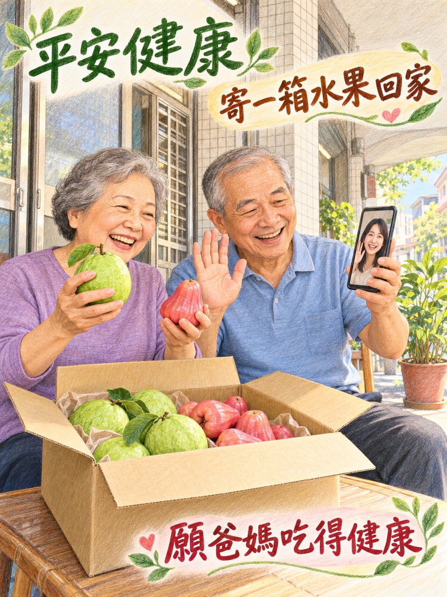 寄水果回老家。圖中文字：平安健康，寄一箱水果回家，願爸媽吃得健康