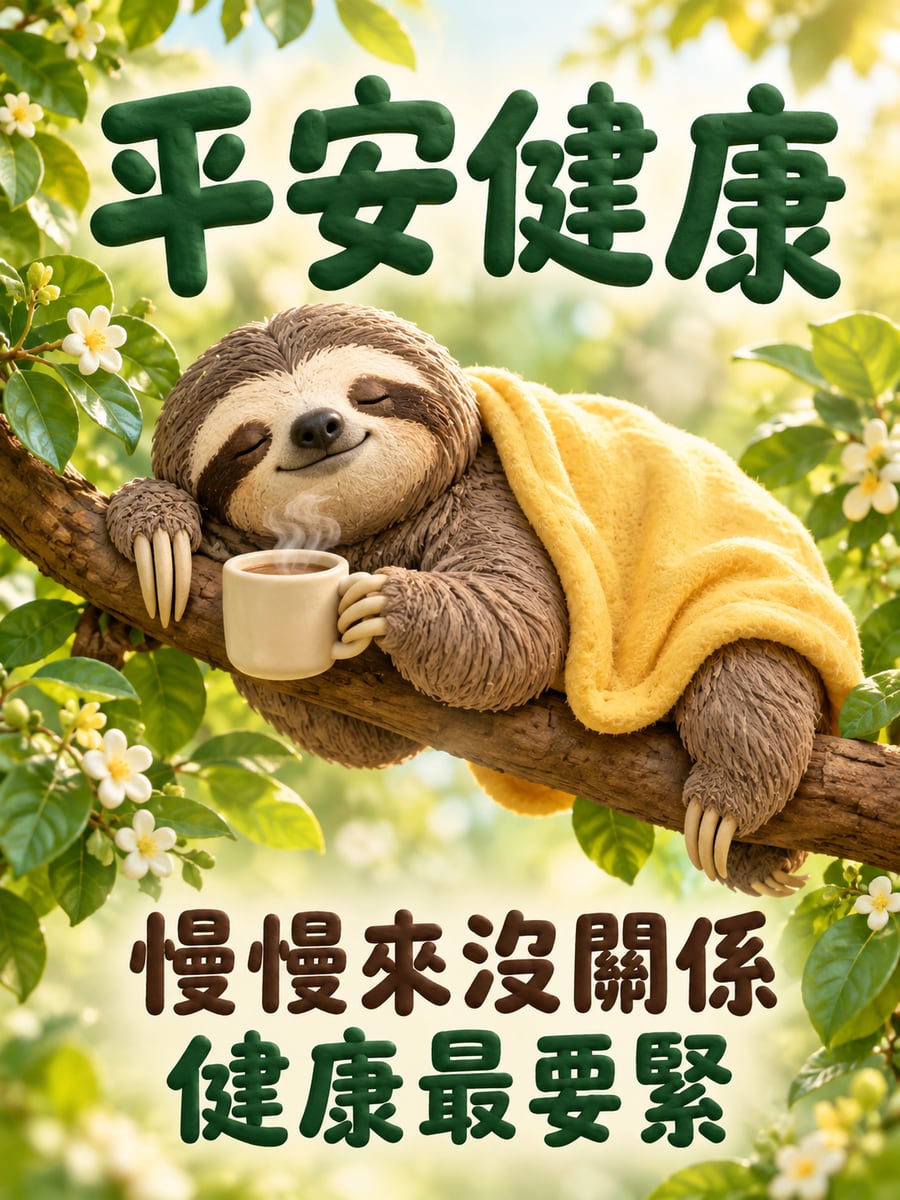 樹懶慢慢休息。圖中文字：平安健康，慢慢來沒關係，健康最要緊