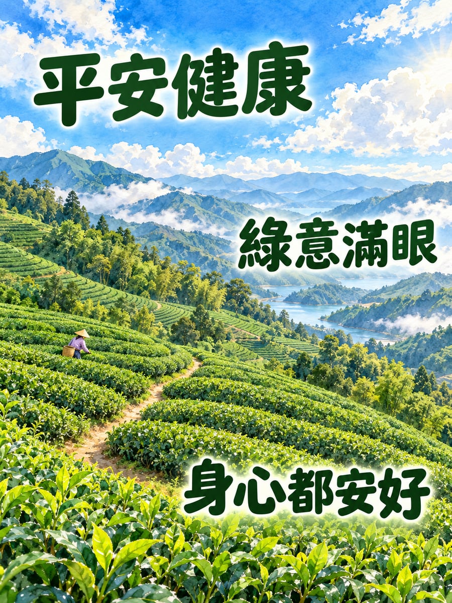綠油油的茶園。圖中文字：平安健康，綠意滿眼，身心都安好