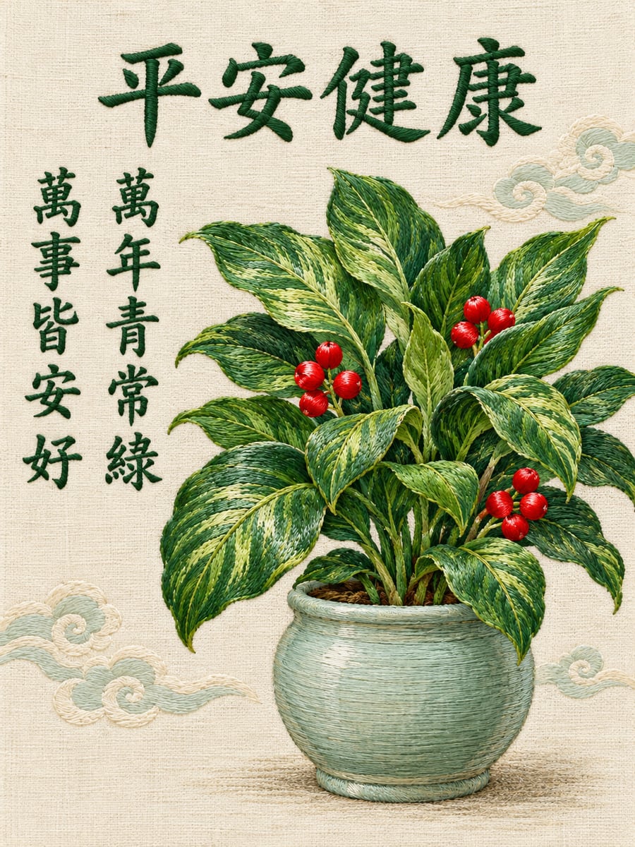 刺繡萬年青。圖中文字：平安健康，萬年青常綠，萬事皆安好
