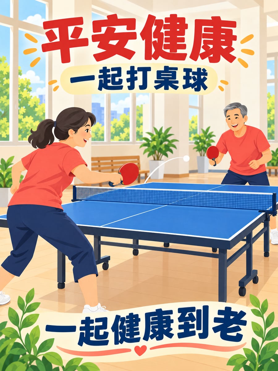 夫妻打桌球。圖中文字：平安健康，一起打桌球，一起健康到老