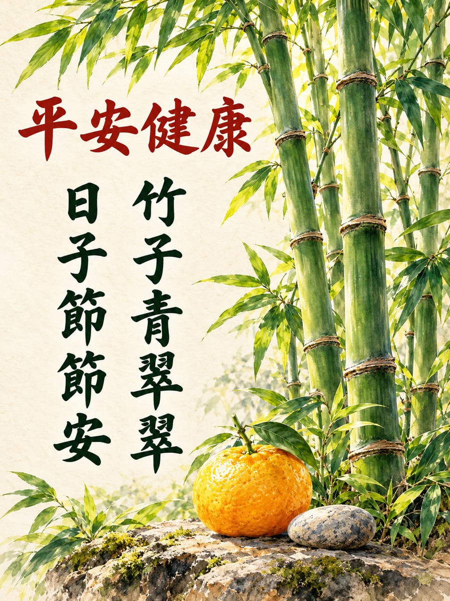 水墨翠竹。圖中文字：平安健康，竹子青翠翠，日子節節安