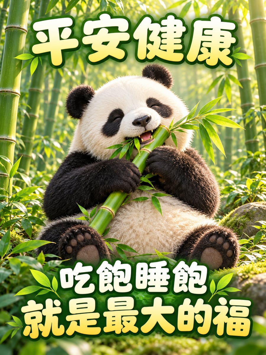 大熊貓吃竹子。圖中文字：平安健康，吃飽睡飽，就是最大的福