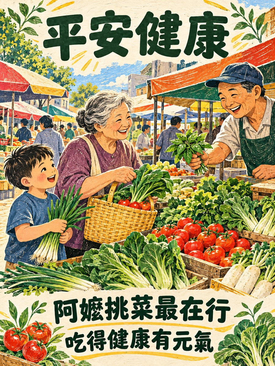 阿嬤帶孫逛市場。圖中文字：平安健康，阿嬤挑菜最在行，吃得健康有元氣