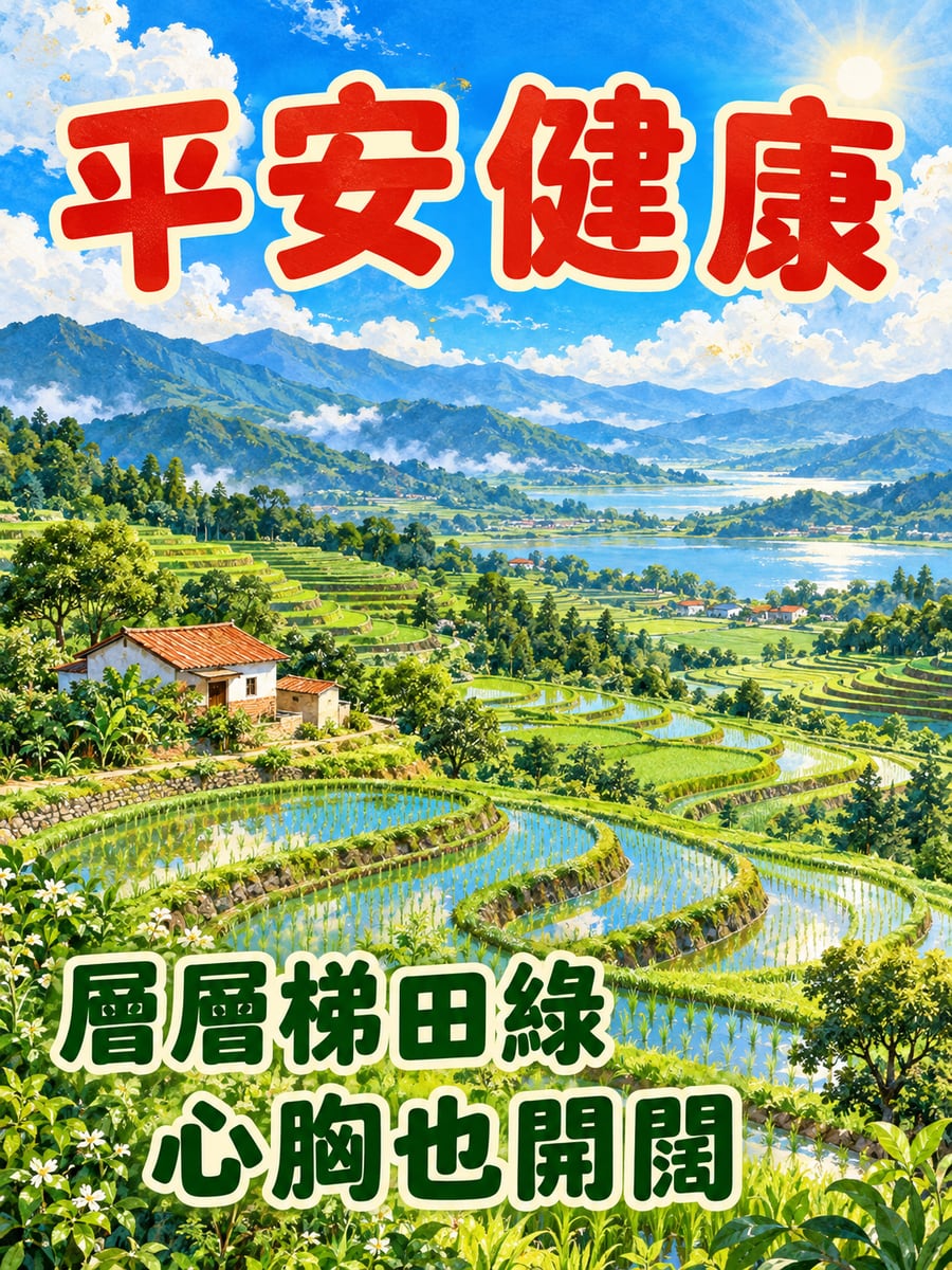 層層梯田。圖中文字：平安健康，層層梯田綠，心胸也開闊