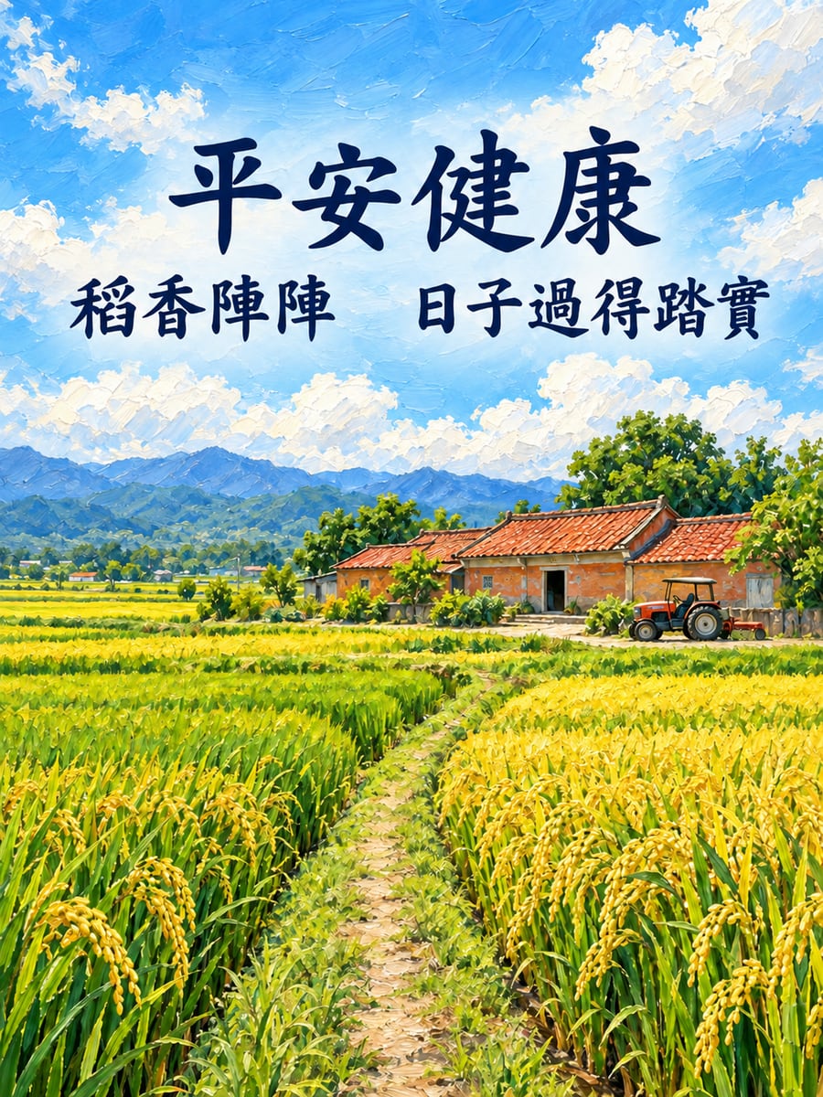 平原稻浪。圖中文字：平安健康，稻香陣陣，日子過得踏實
