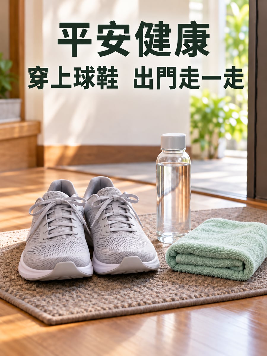 球鞋準備出門走走。圖中文字：平安健康，穿上球鞋，出門走一走