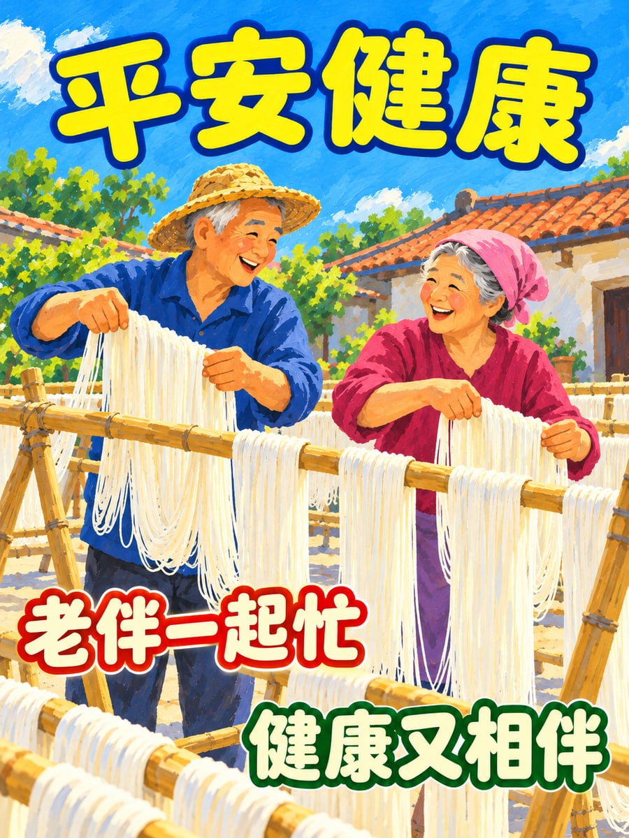 阿公阿嬤曬麵線。圖中文字：平安健康，老伴一起忙，健康又相伴