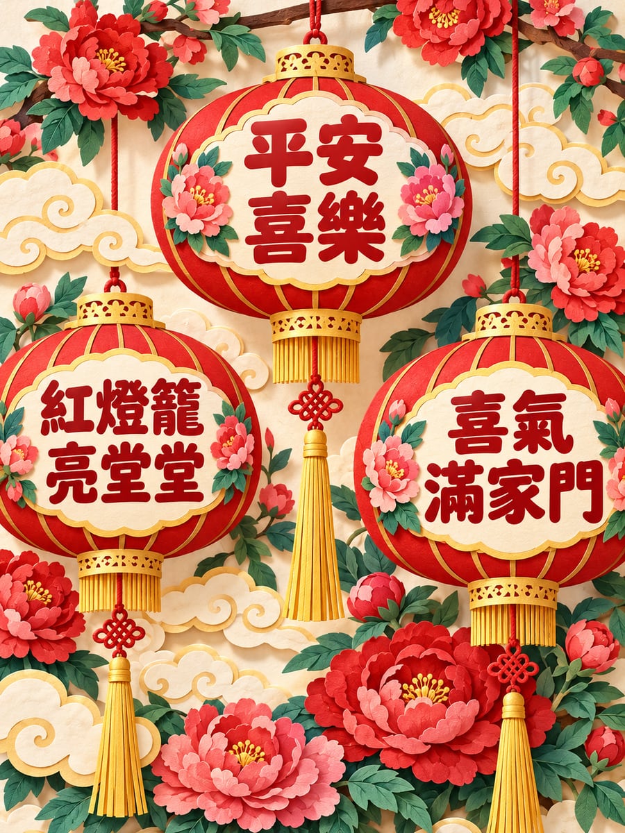 剪紙紅燈籠。圖中文字：平安喜樂，紅燈籠亮堂堂，喜氣滿家門