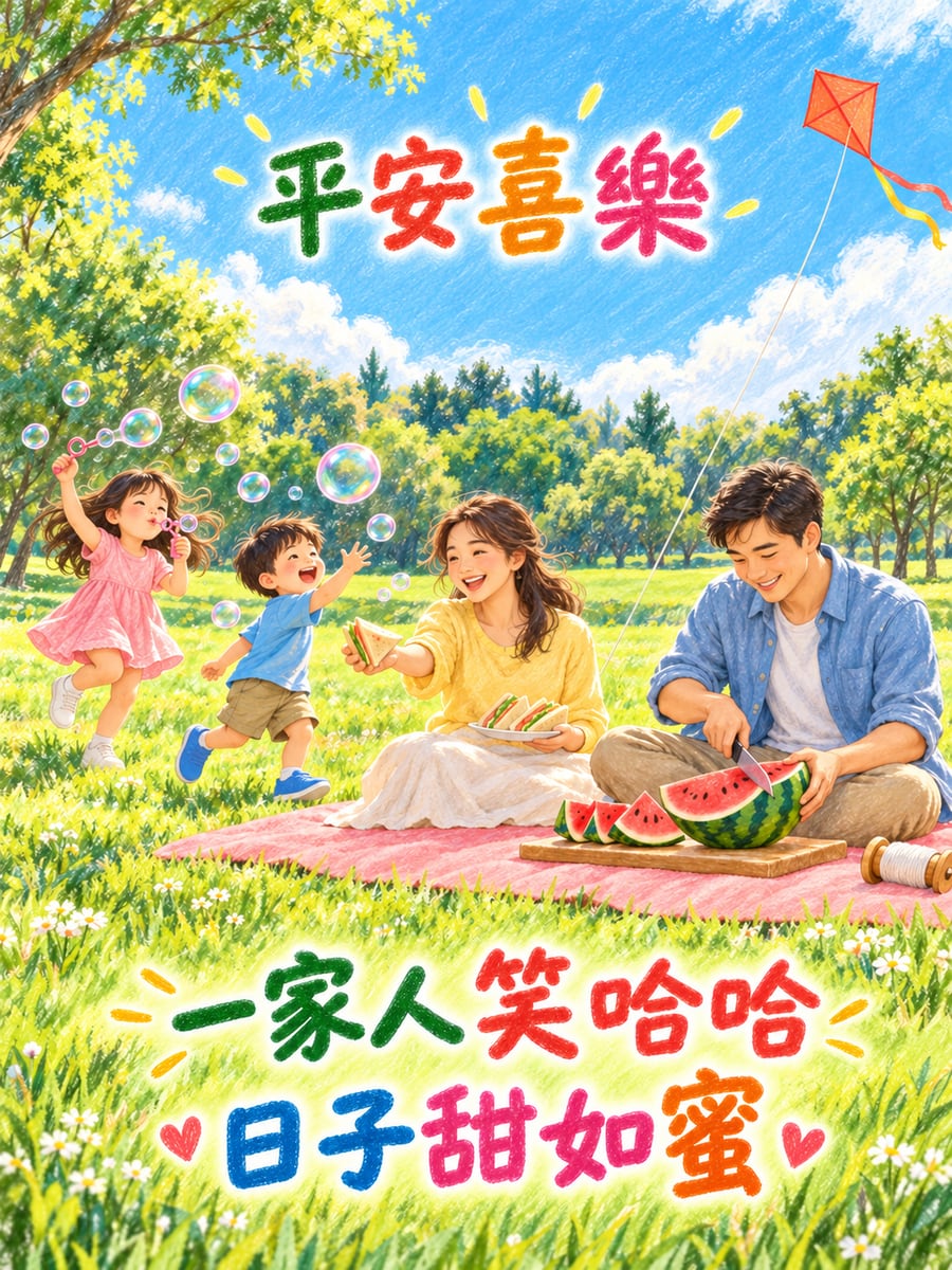 全家草地野餐。圖中文字：平安喜樂，一家人笑哈哈，日子甜如蜜