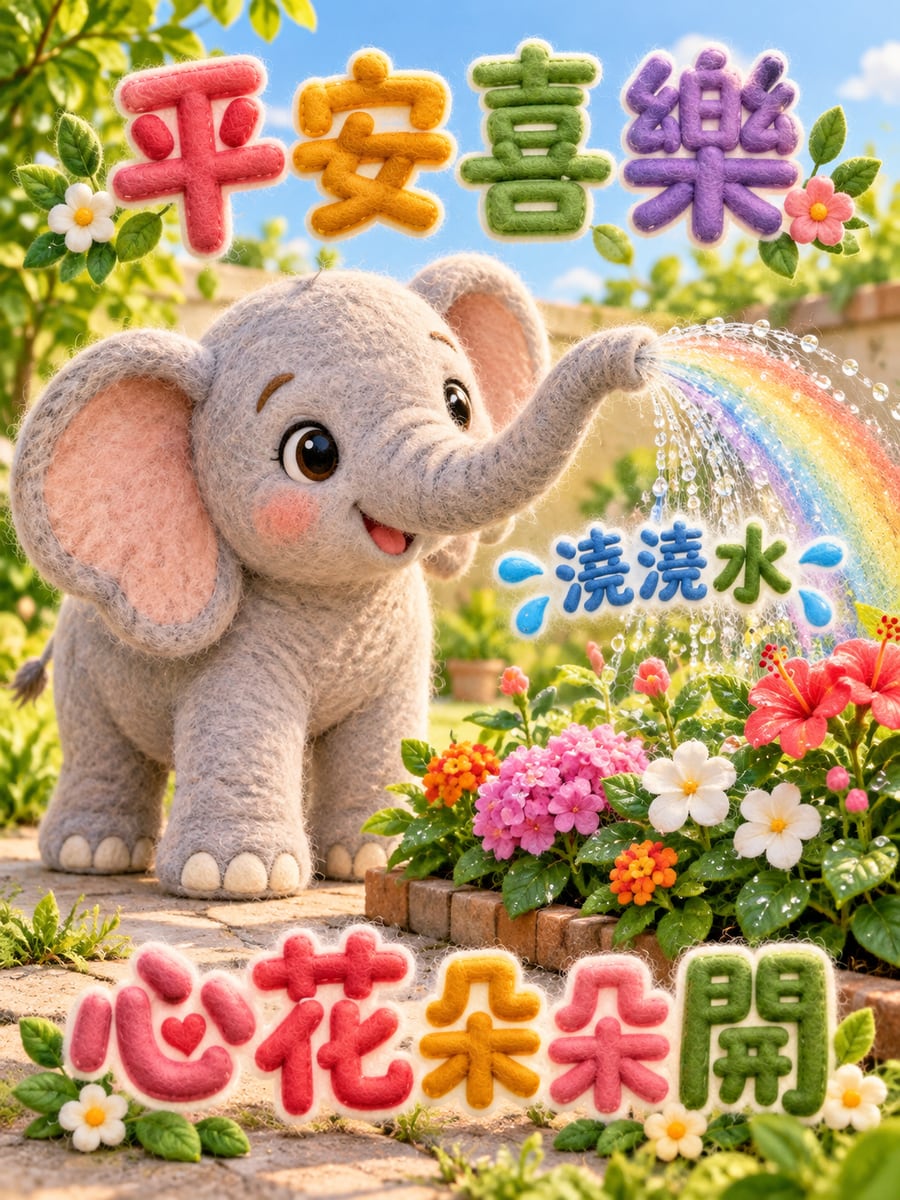 小象澆花。圖中文字：平安喜樂，澆澆水，心花朵朵開