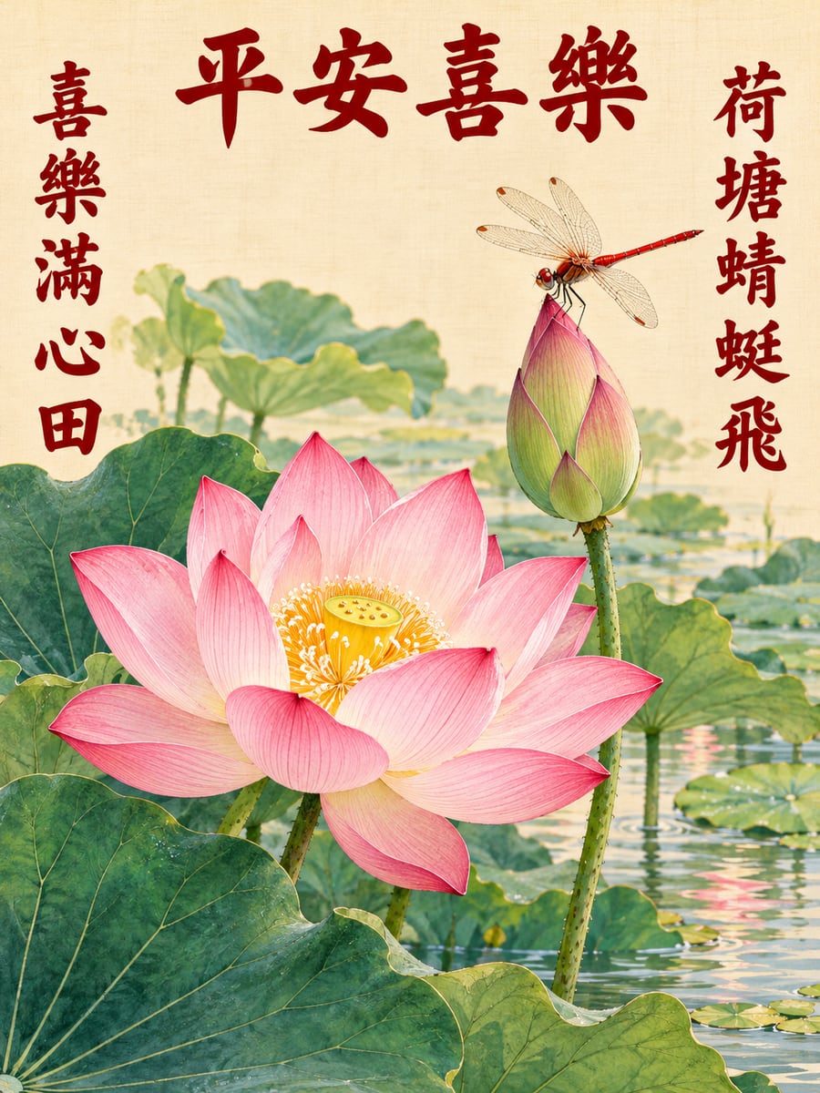 工筆荷塘蜻蜓。圖中文字：平安喜樂，荷塘蜻蜓飛，喜樂滿心田