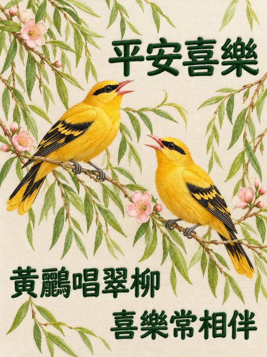 刺繡黃鸝翠柳。圖中文字：平安喜樂，黃鸝唱翠柳，喜樂常相伴