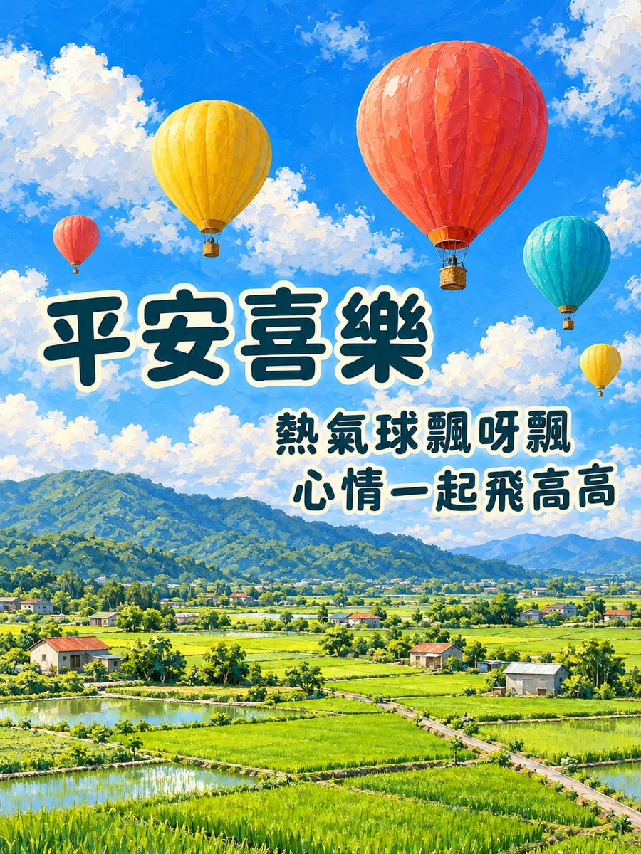 熱氣球飄過平原。圖中文字：平安喜樂，熱氣球飄呀飄，心情一起飛高高