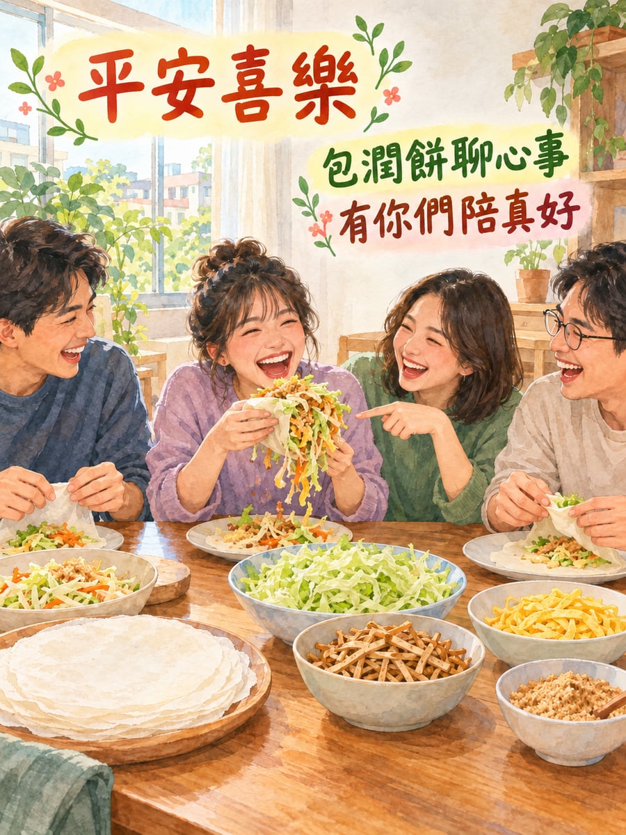 好友一起包潤餅。圖中文字：平安喜樂，包潤餅聊心事，有你們陪真好