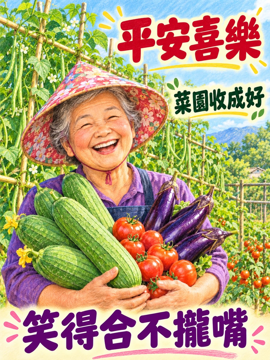 阿嬤菜園大豐收。圖中文字：平安喜樂，菜園收成好，笑得合不攏嘴