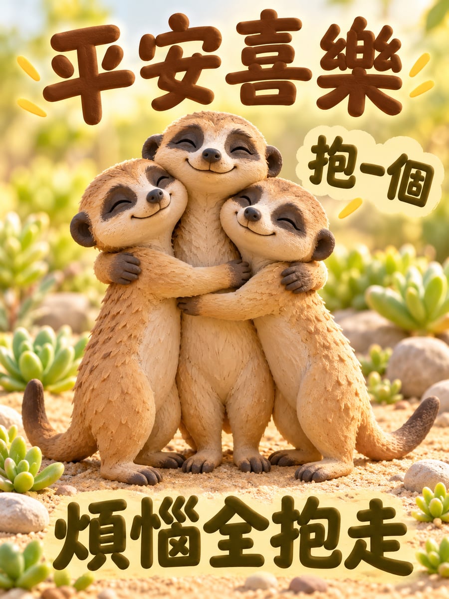 狐獴抱一個。圖中文字：平安喜樂，抱一個，煩惱全抱走
