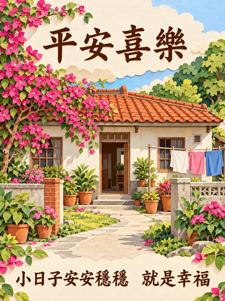 紙雕小平房。圖中文字：平安喜樂，小日子安安穩穩，就是幸福