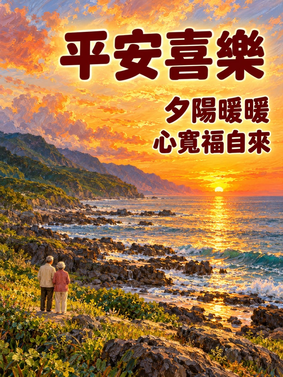 黃昏海岸。圖中文字：平安喜樂，夕陽暖暖，心寬福自來