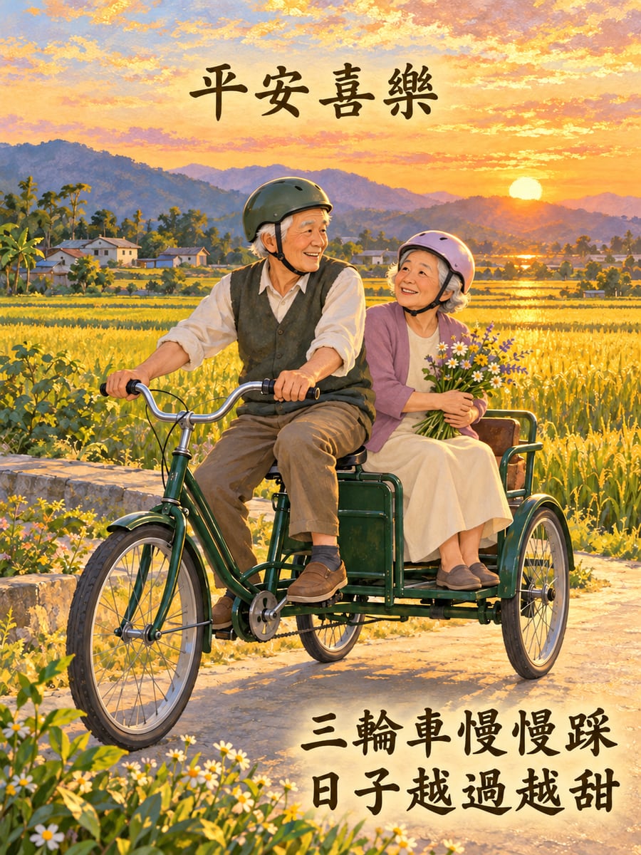 阿公踩三輪車載阿嬤。圖中文字：平安喜樂，三輪車慢慢踩，日子越過越甜