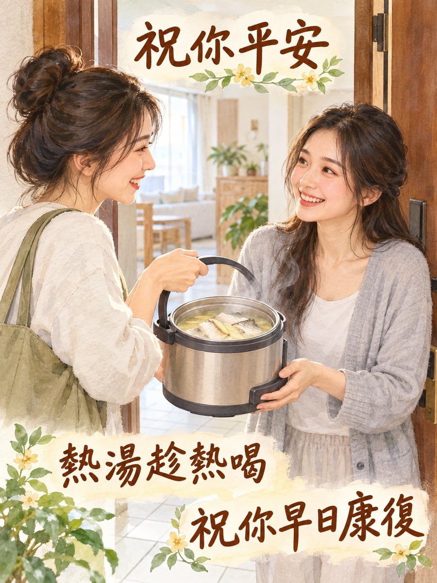 送熱湯給好友。圖中文字：祝你平安，熱湯趁熱喝，祝你早日康復
