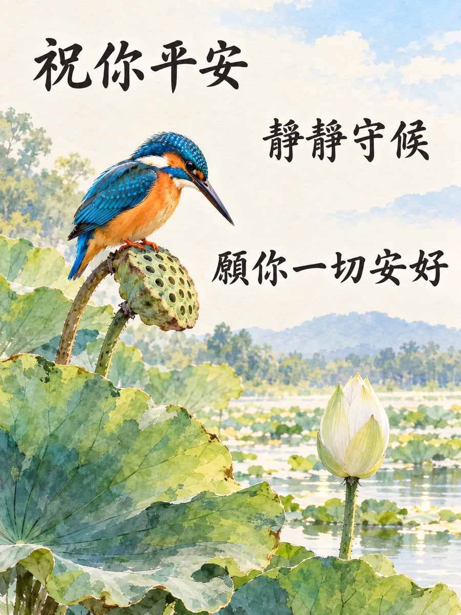 翠鳥守蓮蓬。圖中文字：祝你平安，靜靜守候，願你一切安好