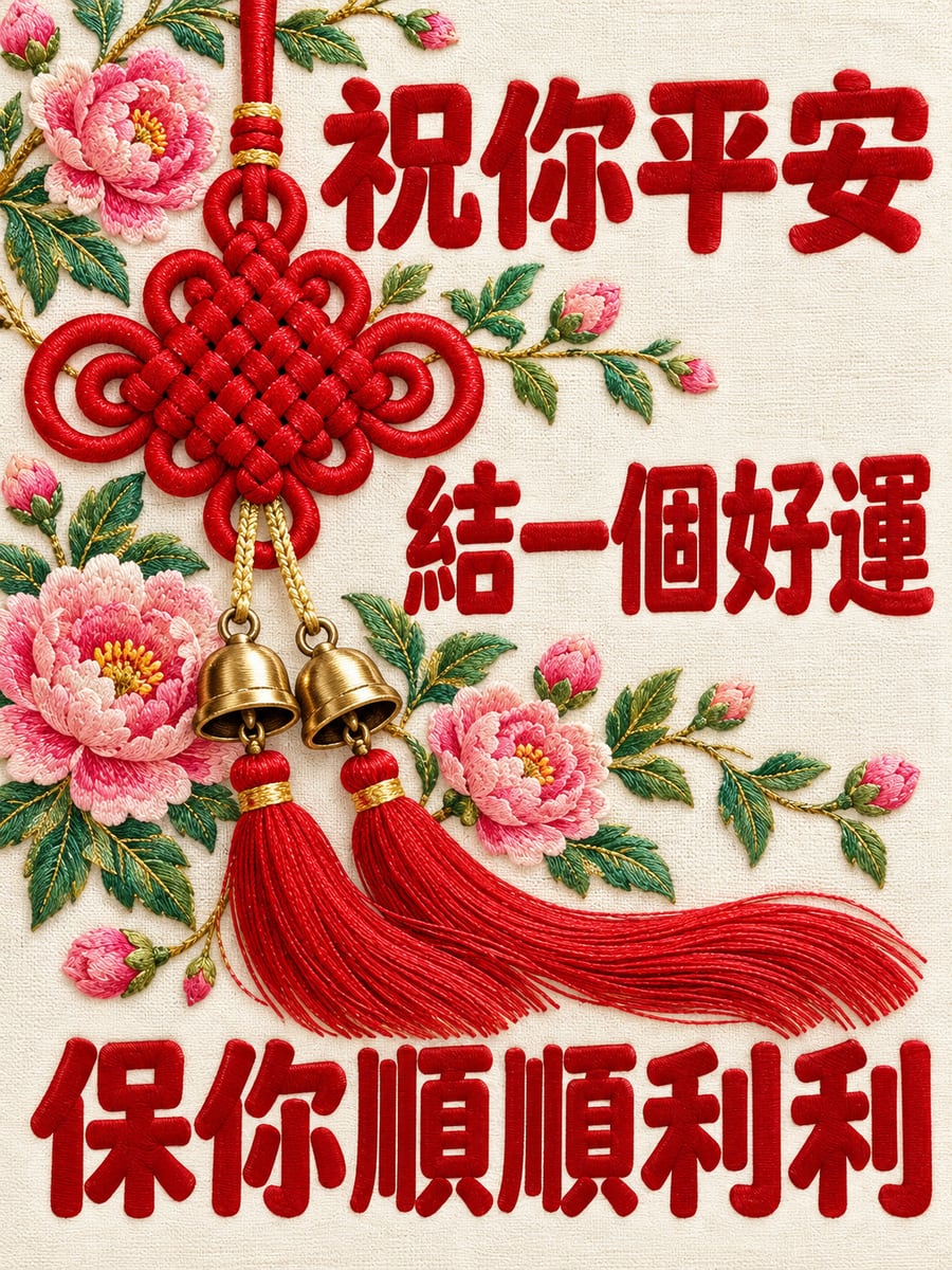 刺繡紅繩結。圖中文字：祝你平安，結一個好運，保你順順利利