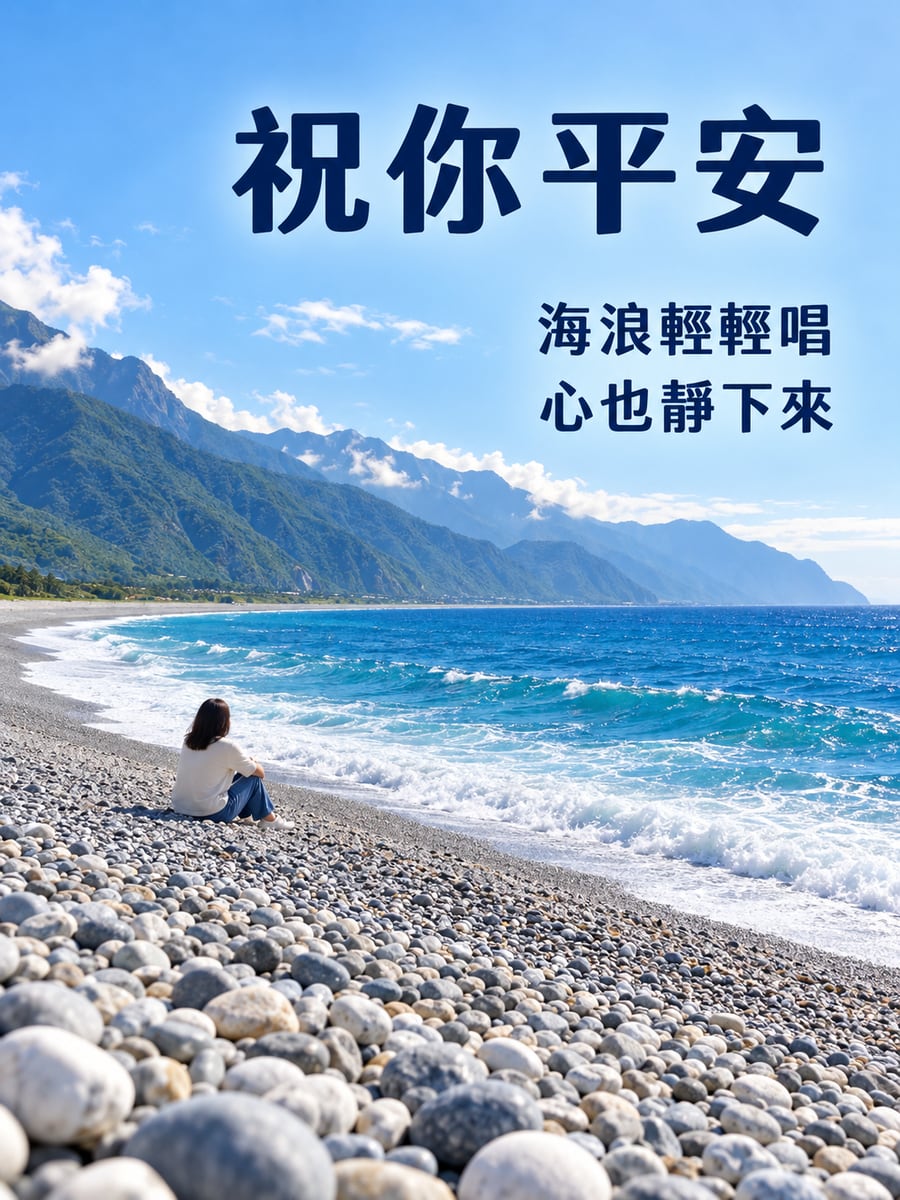 七星潭鵝卵石海岸。圖中文字：祝你平安，海浪輕輕唱，心也靜下來