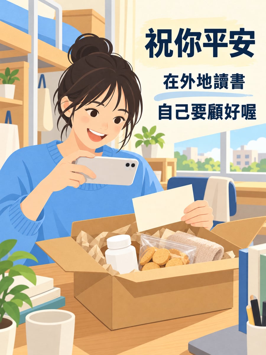 大學生收到家裡包裹。圖中文字：祝你平安，在外地讀書，自己要顧好喔