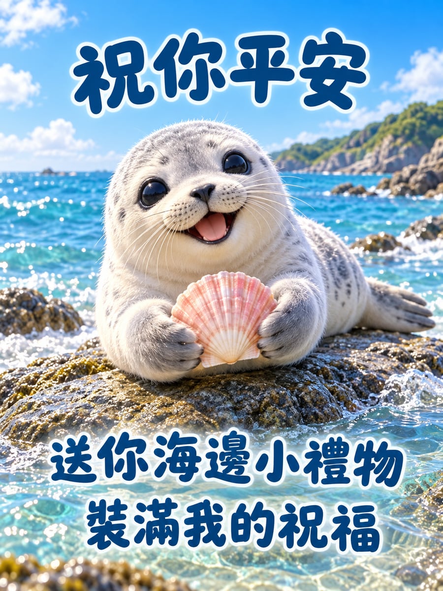 小海豹送貝殼。圖中文字：祝你平安，送你海邊小禮物，裝滿我的祝福