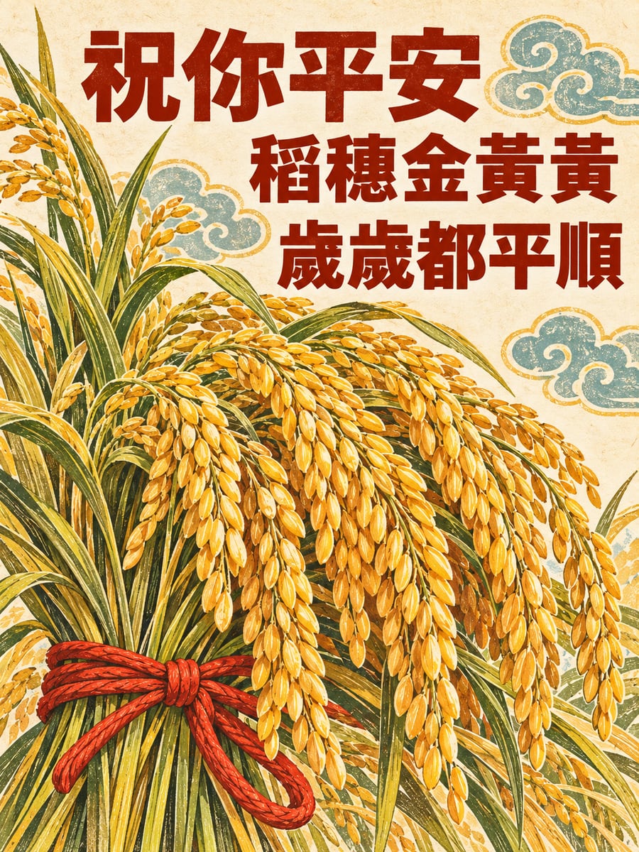 版畫稻穗紅繩。圖中文字：祝你平安，稻穗金黃黃，歲歲都平順