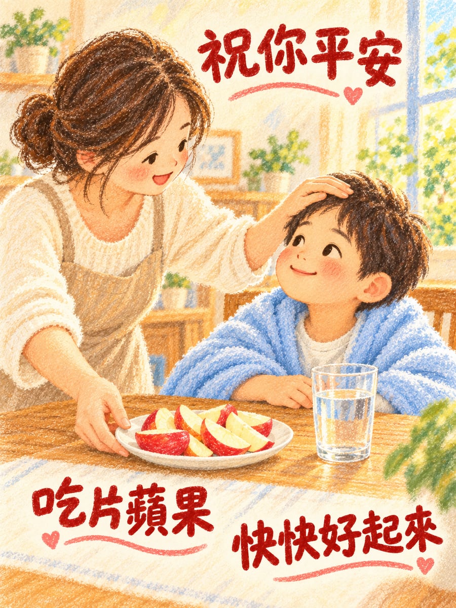 媽媽切好蘋果。圖中文字：祝你平安，吃片蘋果，快快好起來