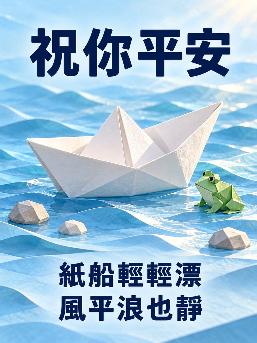 摺紙小船。圖中文字：祝你平安，紙船輕輕漂，風平浪也靜