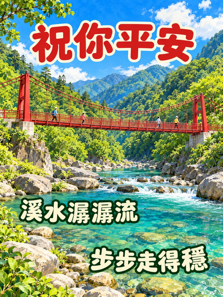 溪谷紅吊橋。圖中文字：祝你平安，溪水潺潺流，步步走得穩