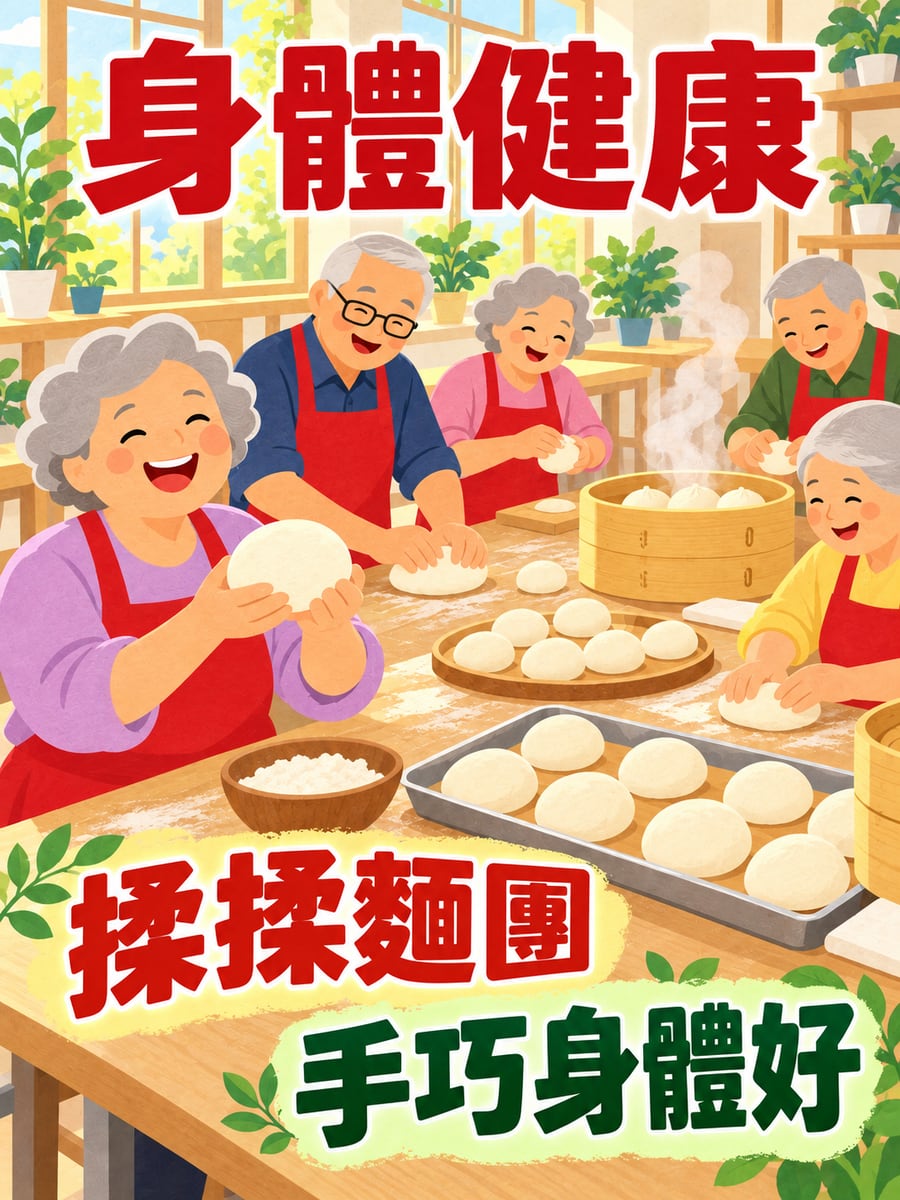 長輩一起揉饅頭。圖中文字：身體健康，揉揉麵團，手巧身體好