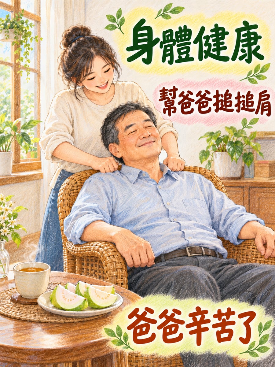 女兒幫爸爸搥背。圖中文字：身體健康，幫爸爸搥搥肩，爸爸辛苦了