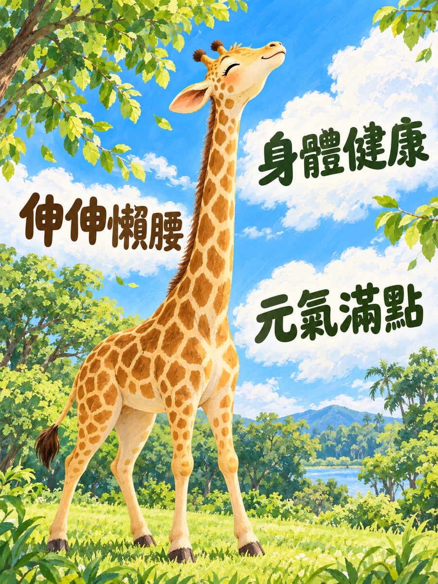 長頸鹿伸懶腰。圖中文字：身體健康，伸伸懶腰，元氣滿點