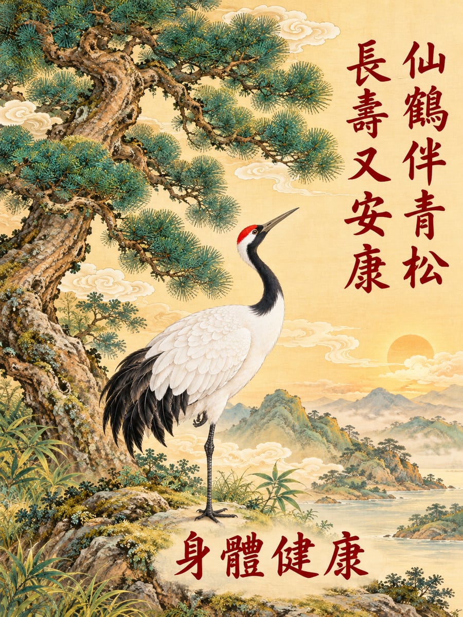工筆松鶴。圖中文字：身體健康，仙鶴伴青松，長壽又安康