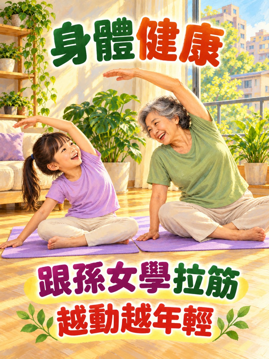 阿嬤跟孫女拉筋。圖中文字：身體健康，跟孫女學拉筋，越動越年輕