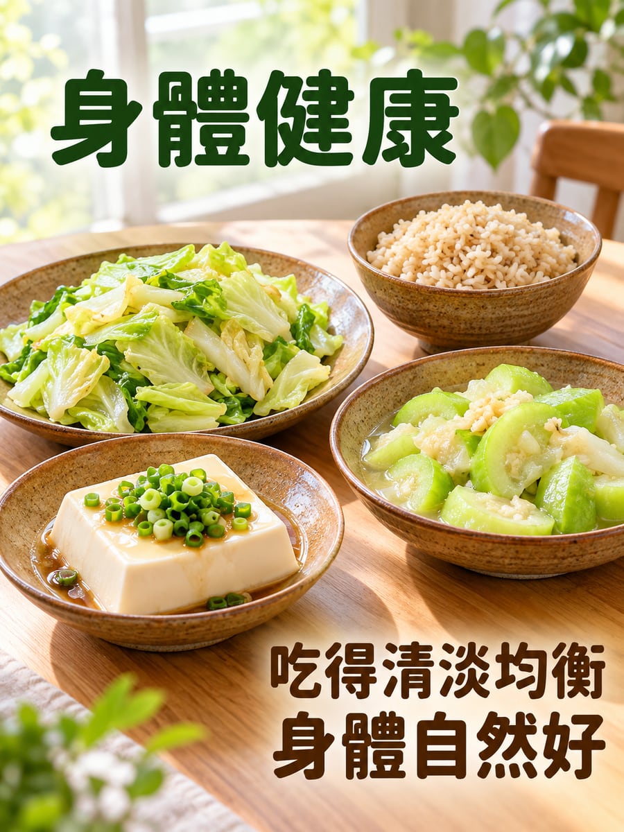 清爽家常菜。圖中文字：身體健康，吃得清淡均衡，身體自然好