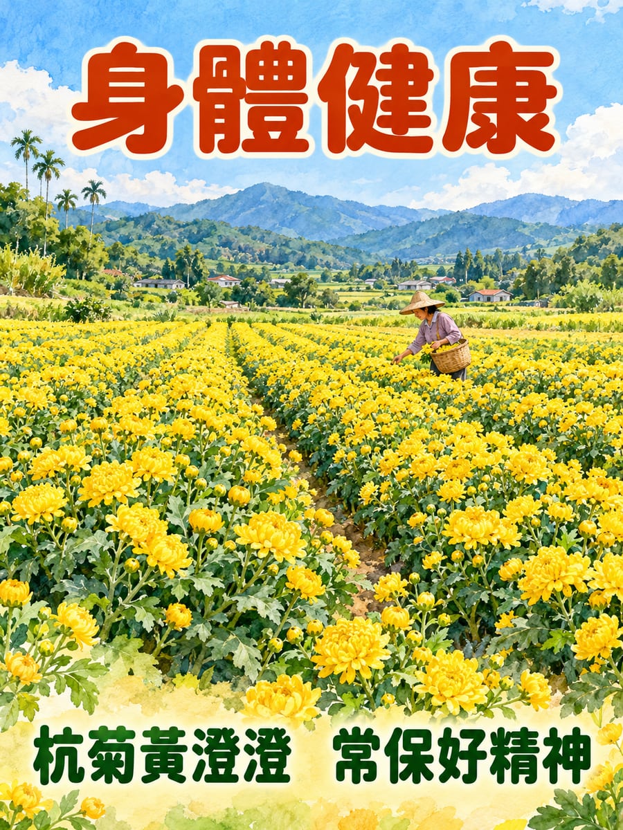 杭菊花田。圖中文字：身體健康，杭菊黃澄澄，常保好精神