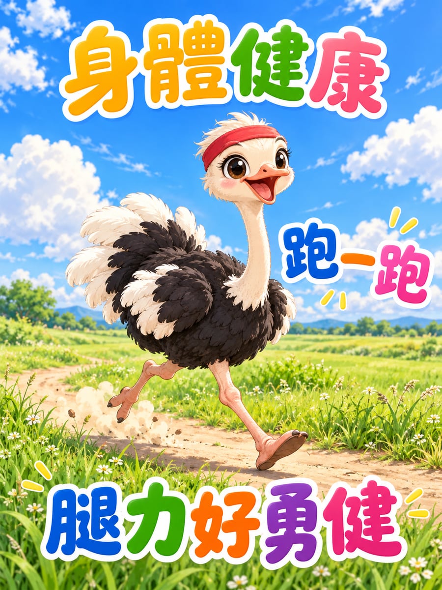 Q版鴕鳥慢跑。圖中文字：身體健康，跑一跑，腿力好勇健