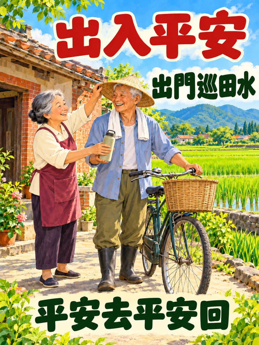 阿公出門巡田水。圖中文字：出入平安，出門巡田水，平安去平安回