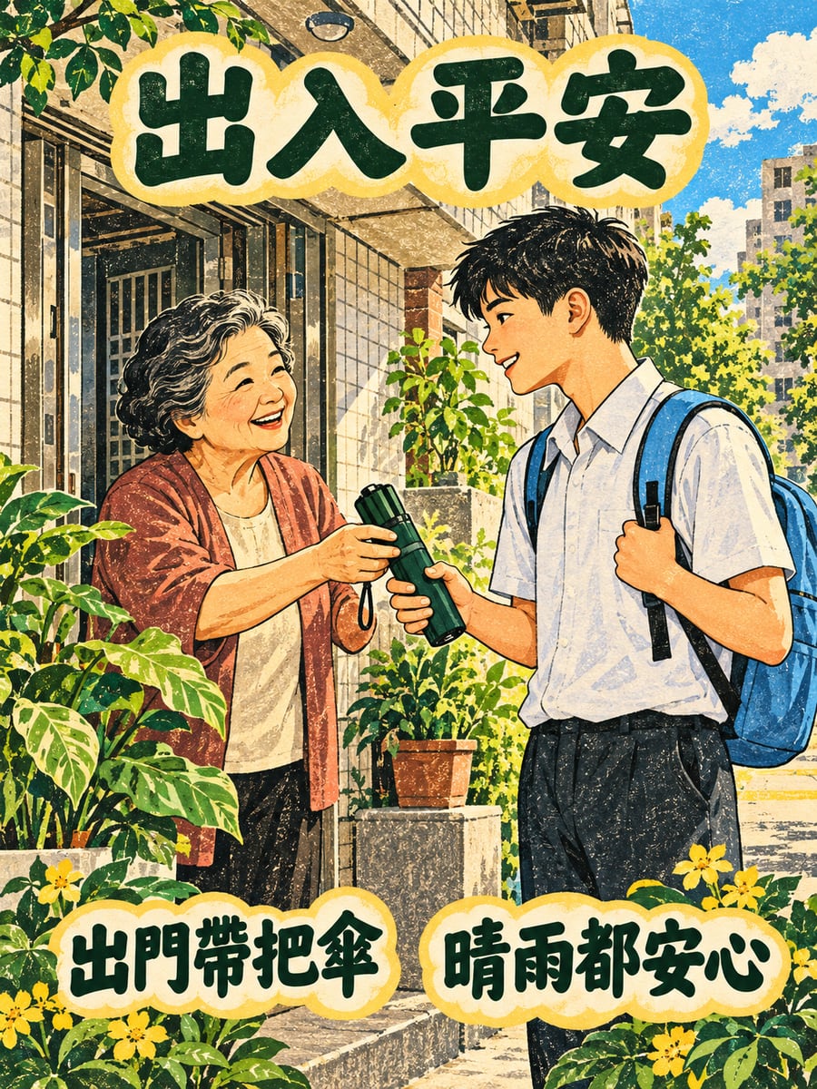 阿嬤遞傘給孫子。圖中文字：出入平安，出門帶把傘，晴雨都安心
