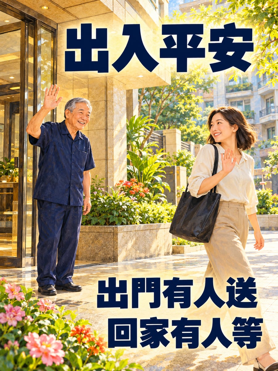 管理員伯伯揮手。圖中文字：出入平安，出門有人送，回家有人等