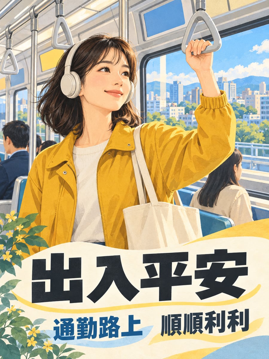 捷運通勤。圖中文字：出入平安，通勤路上，順順利利