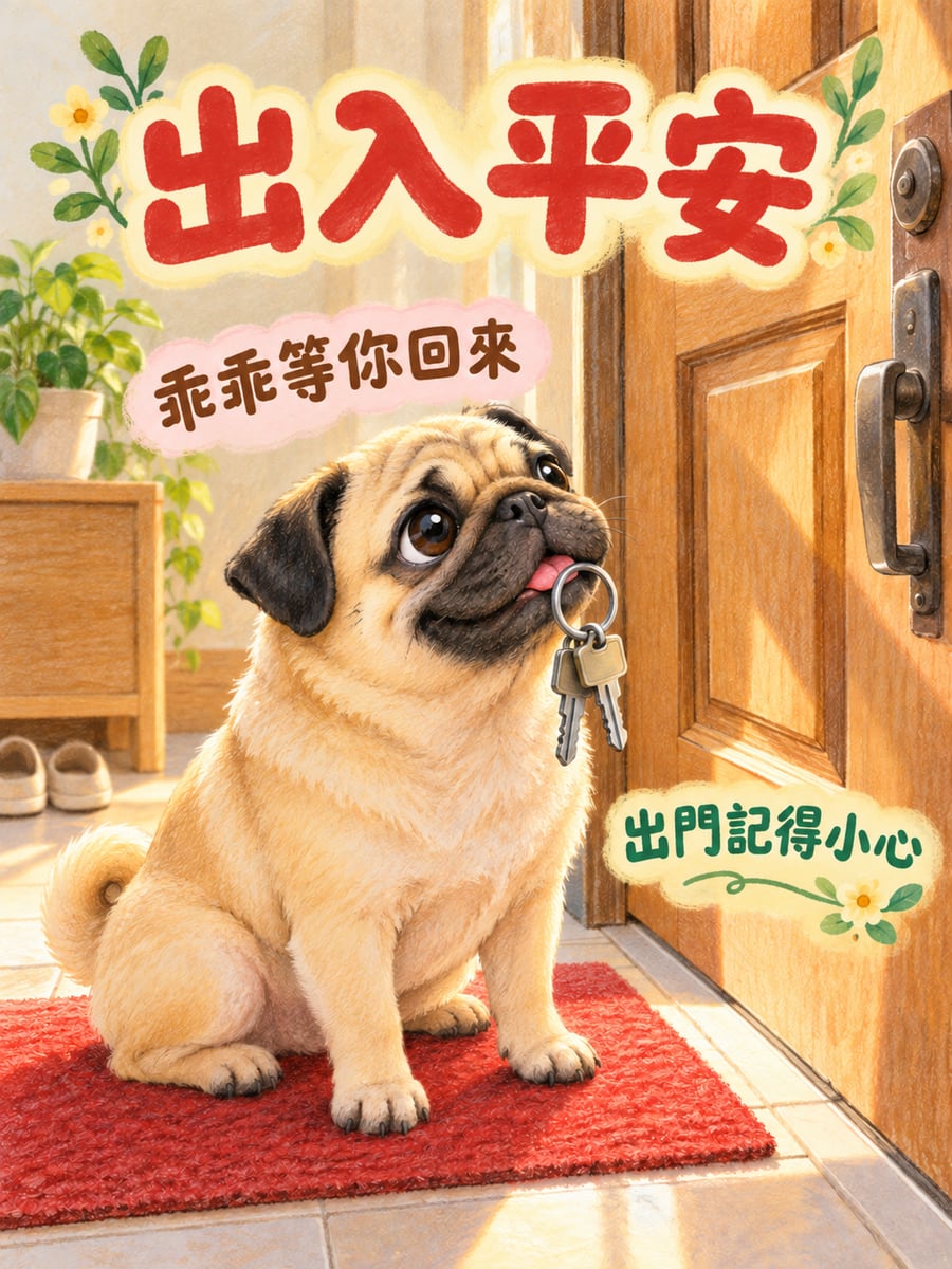 巴哥等你回家。圖中文字：出入平安，乖乖等你回來，出門記得小心