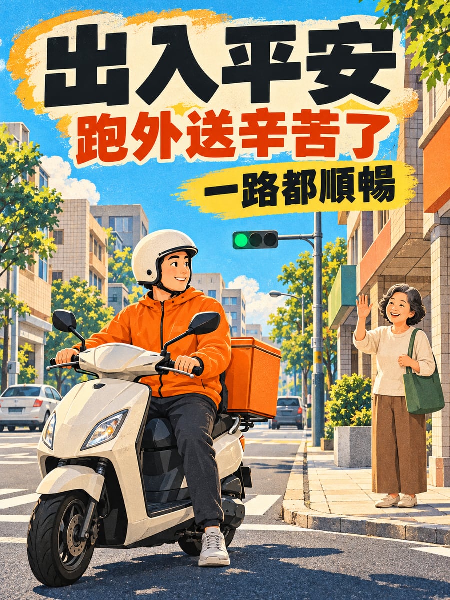 外送員一路順暢。圖中文字：出入平安，跑外送辛苦了，一路都順暢