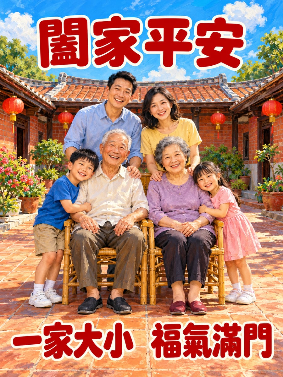 三合院全家福。圖中文字：闔家平安，一家大小，福氣滿門